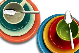 Mixed and matched colorful plates